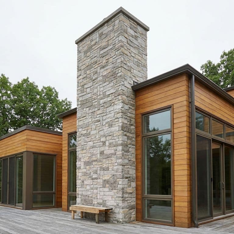 A contemporary home with warm, light brown wood siding. This house features a large stack stone chimney made with Stone Curators M1255 - Nordic Sierra Gray Limestone - Split-face Seamface. Large glass window panels on a sunny day. A grey wooden deck wraps around the house. A wooden bench sits in front of the house and chimney. Trees and greenery are visible in the background.
