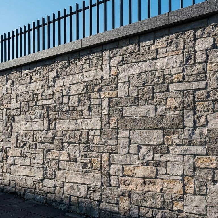 A textured stone retaining wall with a stone cap and vertical iron fence. This veneer is made from Stone Curators product M1255 - Nordic Sierra Gray Limestone - Split-face Seamface. The scene is outdoors on a sunny day with a clear sky, featuring a paved walkway in the foreground.