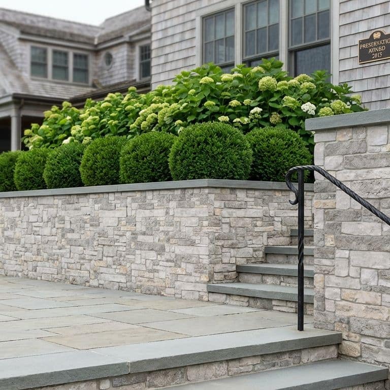 A detailed landscape shot of a custom stone retaining wall and steps, featuring a light grey split-face seamface limestone veneer. The wall is capped with larger smooth light blue stone pieces. Behind the wall are large globe bushes. A set of matching stairs leads up the hill. The foreground has a large flat patio. The Veneer is made from Stone Curators product M1255 - Nordic Sierra Gray Limestone - Split-face Seamface.