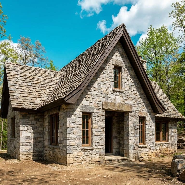 A stone cottage with a slate roof and wood-framed windows is set in a wooded area under a blue sky with clouds. The cottage features an exterior veneer made from Stone Curators product M1255 - Nordic Sierra Gray Limestone.