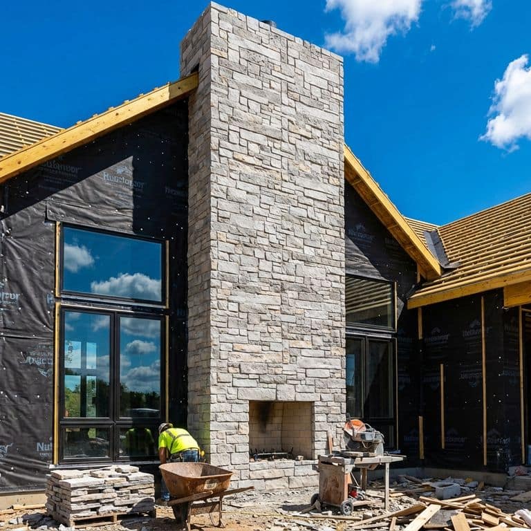 A photograph shows the exterior of a house under construction on a sunny day, featuring a prominent outdoor fireplace and chimney. The large chimney is covered in a gray stone veneer (v) made from Stone Curators product M1255 - Nordic Sierra Gray Limestone. A construction worker in a yellow safety vest kneels near a wheelbarrow by the fireplace opening. Scaffolding, building materials, and a saw are visible in the foreground. The rest of the house structure has black sheathing, large windows, and exposed wooden roof framing. The sky above is blue with some white clouds.