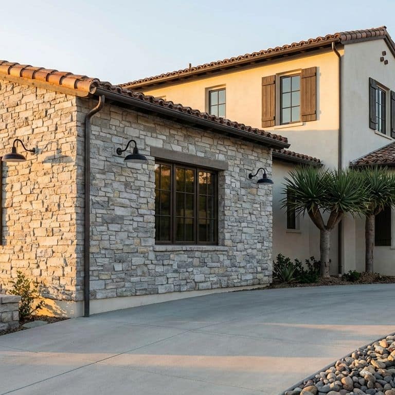 A two-story Mediterranean-style home features a stone veneer facade made from Stone Curators product M1255 - Nordic Sierra Gray Limestone - Split-face Seamface. The house features a concrete driveway bordered by a mix of pea gravel and large stones, with two palm trees and a large agave plant and planter. The facade features wood shutters, and the dark grey window frames are complemented by a brown Spanish tiled roof. Gooseneck barn-style sconce lights hang between and near the large windows on the left and middle of the house.