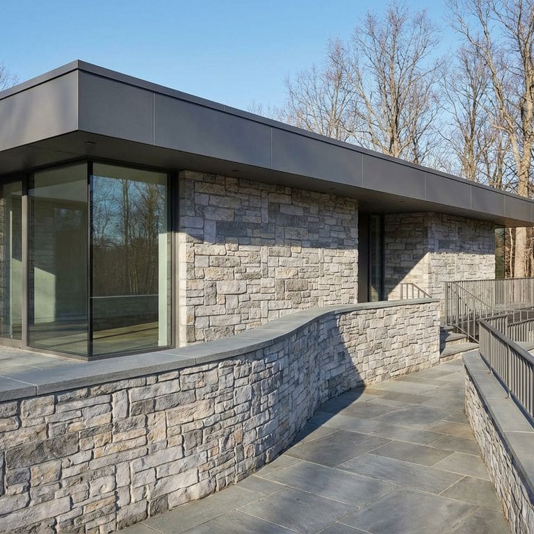 A contemporary building featuring a large glass window and walls clad in light grey, irregularly shaped stone veneer, identified as M1255 - Nordic Sierra Gray Limestone - Split-face Seamface. The structure is set against a backdrop of bare trees. A smooth, dark roofline sits above the stone walls, creating a contrasting look. In the foreground, a bluestone paved walkway curves along a retaining wall made of the same Nordic Sierra Gray Limestone, leading towards a patio with a metal railing. The entire building is illuminated by sunlight on a clear blue sky day.