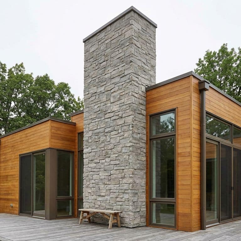 A contemporary-style house featuring a prominent, light gray, split-face Fond du Lac Colonial Limestone (Stone Curators product M1256) stone chimney, contrasting against natural wood siding, floor-to-ceiling glass windows, and a weathered deck with trees in the background under an overcast sky.