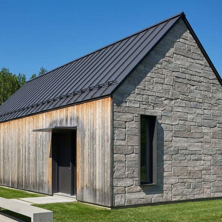 A contemporary rectangular building with a high-pitched metal roof and concrete paver pathway leading from a bench. Natural grey Stone Curators product M1256 Fond du Lac Colonial Limestone split-face veneer covers two walls with vertical grey weathered wood plank cladding on the side wall with a door. A narrow, dark framed vertically rectangular window is in the stone veneer wall with a dark entry under a partial overhang. Dense green trees are in the background under a blue sky.