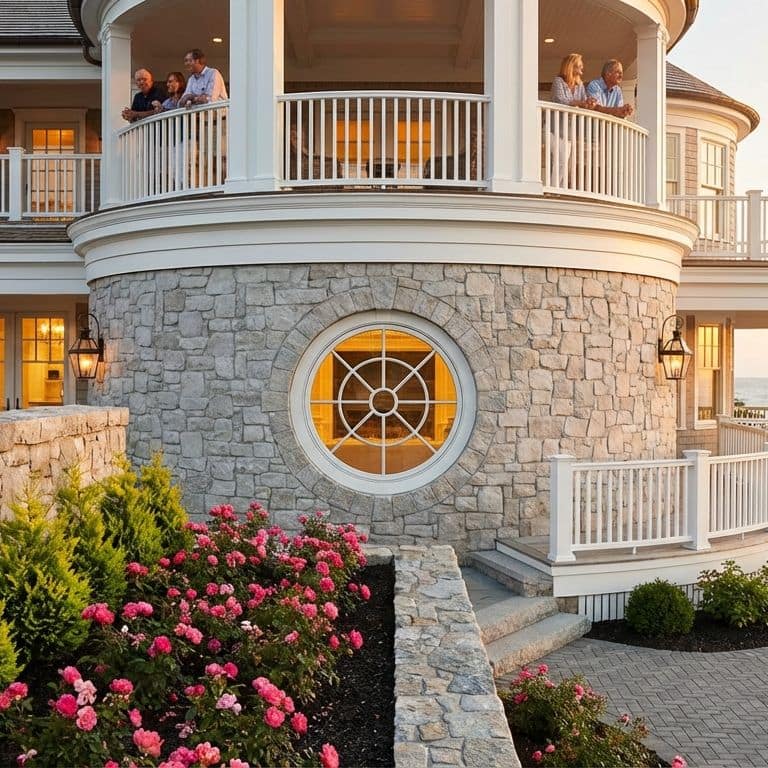 A detailed shot of a custom stone wall on a waterfront property. The central element is a curving stone wall that features a large circular window and a tiered patio area with people overlooking the ocean at sunset. The stone veneer is made from Stone Curators product M1256 - Fond du Lac Colonial Limestone - Tumbled, which has a distinct gray and tan color palette and natural texture. Pink roses and evergreen plants line the walkway and edge of the wall.
