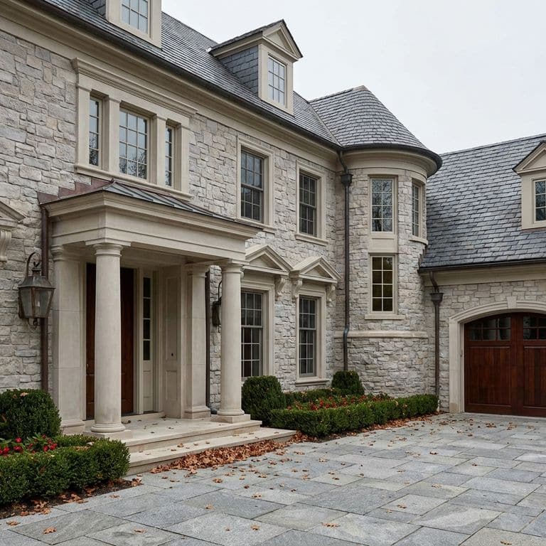 A detailed front exterior view of a magnificent French country-style estate, with a focus on the grand front entrance. The facade is clad in split-face Fond du Lac Colonial Limestone (Product M1256 from Stone Curators), a textured, light gray natural stone veneer with a rough-hewn, rustic appearance. Large classical Doric columns frame a large dark wood front door, supporting a limestone entablature. Multiple multi-pane windows with detailed limestone surrounds are arranged across the various levels, and a round turret with a shingled, conical roof adds architectural character. The main roof is covered in a matching slate-colored tile, accented by dormers. Below the stone veneer, the building’s plinth is rendered in smooth, light-colored limestone blocks. The forecourt is paved with large, textured square stone tiles in shades of gray, scattered with a light covering of autumn leaves. Boxwood hedges with touches of red flowers are planted along the base of the house, defining the steps and the landscape. A dark, wooden double-door garage is partially visible on the far right.