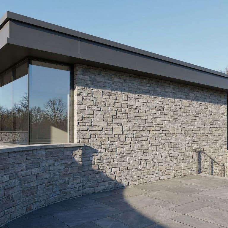 A contemporary one-story building clad in gray split-face stone veneer with large corner windows, dark metal fascia, and a flat roofline. A low curved wall made of the same gray split-face stone is prominent in the foreground. A flagstone patio is in the center foreground with steps leading up to an entrance on the right. In the background are leafless trees under a blue sky. The stone veneer is made from Stone Curators product M1256 - Fond du Lac Colonial Limestone - Split-face.