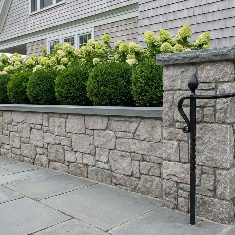 A retaining wall and square pillar in a home landscape feature stone veneer made with Stone Curators product M1256 - Fond du Lac Colonial Limestone - Tumbled, in cool shades of gray. Large irregular pavers sit in front of the wall and stairs lead up beside it. The landscaping features a row of spherical green bushes behind the wall, followed by hydrangeas. In the background is a shingle house.