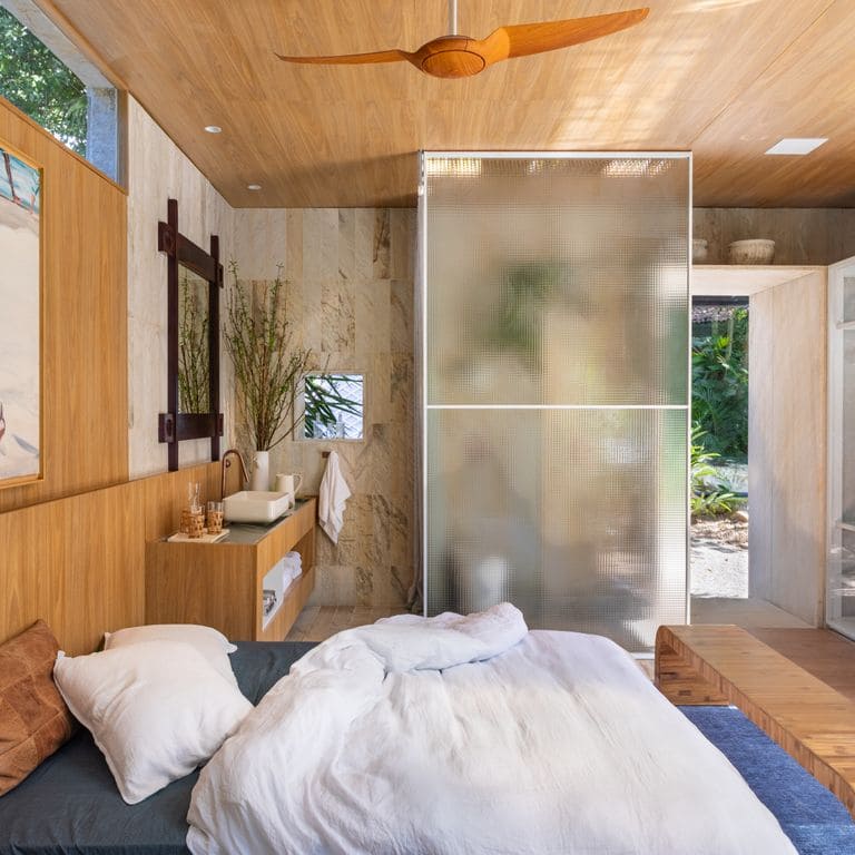 Application image for Golden Strata Gneiss. The image shows this material being used for thin veneer and interior cladding. Dominant colors shown are beige, yellow and tan. The color mix creates a warm feeling.