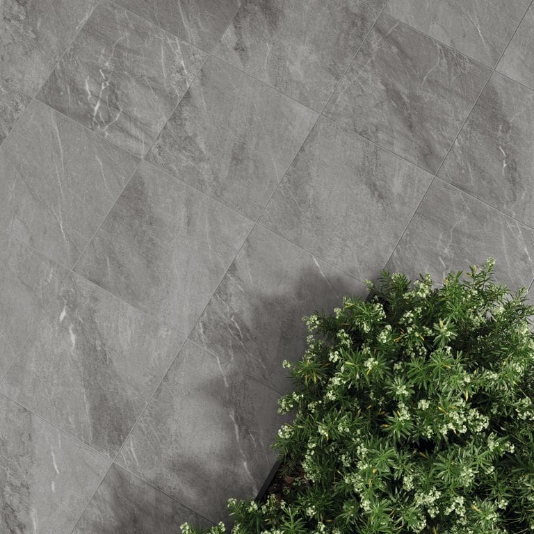 Application image for Legacy Marblestone Steel. Dominant colors shown are gray and white. Exhibits "movement". Veined color pattern.