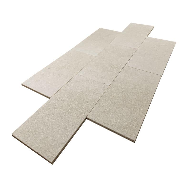 Oblique image for Mediterranean Cream Limestone. The surface finish shown is sand blasted. The dominant color shown is beige. The color mix creates a warm feeling.