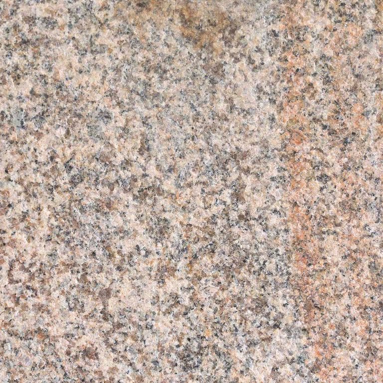 Color/Finish variation image for Granite - Cape Neddick Full Color. The surface finish shown is flamed. Dominant colors shown are beige, orange/rust and tan; with brown, purple, white and cream secondaries. Exhibits "movement" and the color mix creates a warm feeling. Speckled, blotched and coarse speckled color patterns. Contains lots of mica.