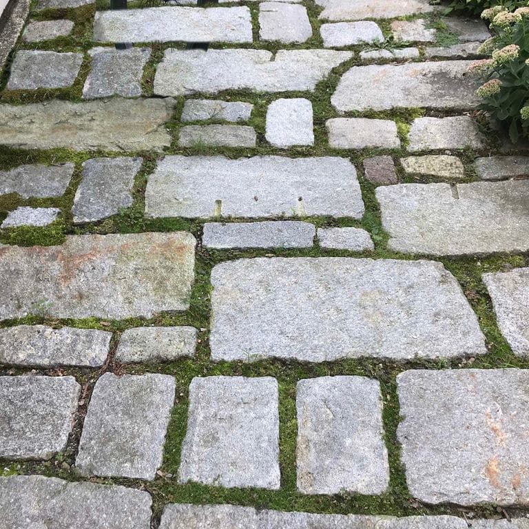 Application image for Reclaimed New England Granite Cobblestones - Super Jumbo. The image shows this material being used in a path pavers application. The surface finish shown is . The dominant color shown is gray. The color mix creates a warm feeling.