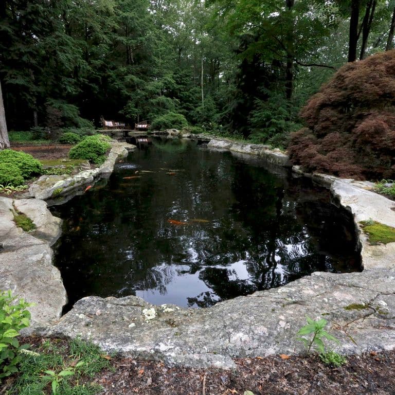 Application image for New England Fieldstone Boulders &amp; Ledgestone. The image shows this material being used in a pool coping application. The surface finish shown is weathered. The dominant color shown is gray. The color mix creates a cool feeling.