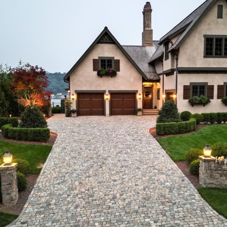Application image for Reclaimed European Sandstone Cobblestones. The image shows this material being used in a driveway pavers application. The surface finish shown is . The dominant color shown is gray. The color mix creates a cool feeling.