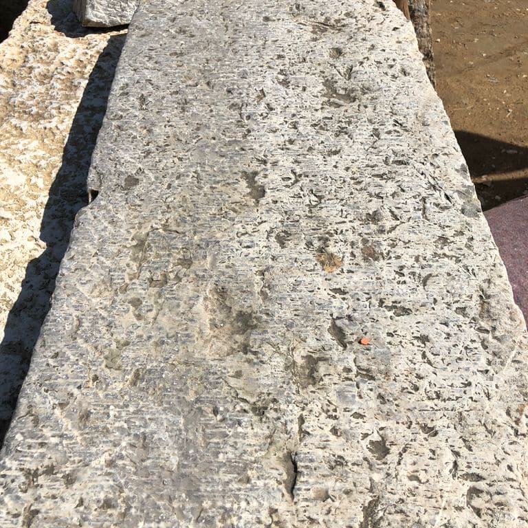 Close-up image for Reclaimed Highland Limestone Plank Pavers. The surface finishes shown are weathered and worn. Dominant colors shown are beige and gray; with brown, green, orange/rust, purple, white, tan and cream secondaries. Exhibits "movement" and the color mix creates a warm feeling. Regular, blotched, swirled and cloudy color patterns.