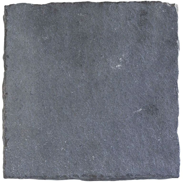 Color/Finish variation image for Limestone - Bahama Black. The surface finish shown is tumbled. The dominant color shown is gray; with blue, brown, green and purple secondaries. The color mix creates a cool feeling. Regular, fine speckled, blotched and cloudy color patterns.