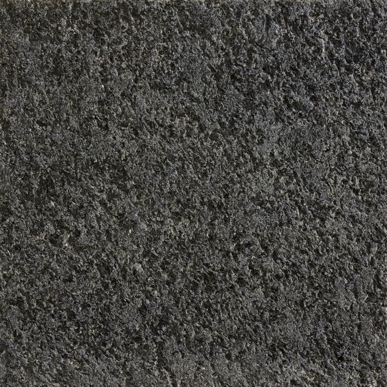 Color/Finish variation image for Black Galaxy Quartzite. The surface finish shown is waterjet. Dominant colors shown are black, brown and gray; with green and purple secondaries. The color mix creates a cool feeling. Regular and coarse speckled color patterns.