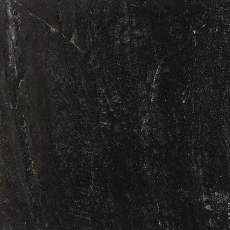 Color/Finish variation image for Black Quartzite. The surface finish shown is brushed. The dominant color shown is black; with brown and gray secondaries. Exhibits "movement" and the color mix creates a cool feeling. Random and veined color patterns.