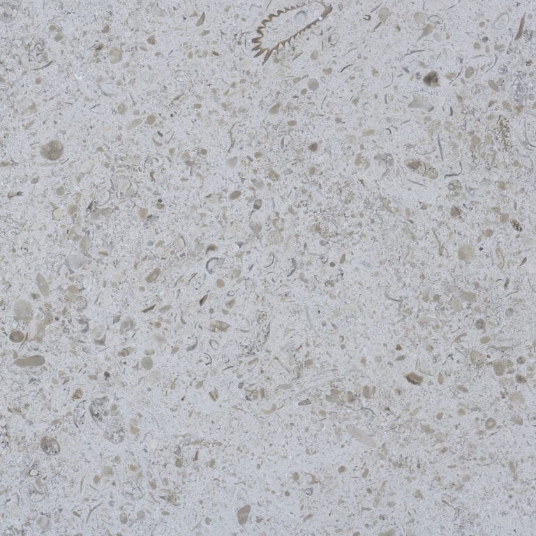 Swatch image for Limestone - Topa Beige. The surface finish shown is honed. The dominant color shown is gray; with beige, blue and tan secondaries. The color mix creates a cool feeling. Blotched and coarse speckled color patterns. Contains mineral inclusions.
