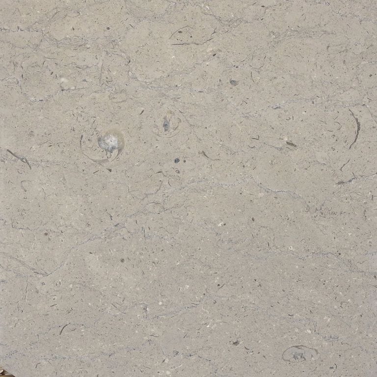 Color/Finish variation image for Sky Estrema Limestone. The surface finish shown is brushed. The dominant color shown is gray; with beige, blue, orange/rust, white and tan secondaries. Exhibits "movement". Regular and cloudy color patterns. Contains mineral inclusions.