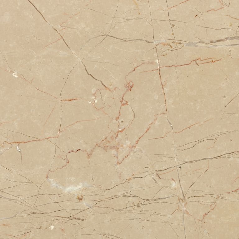 Close-up image for Limestone - Portuguese Alpine. The surface finish shown is honed. Dominant colors shown are beige, orange/rust and tan; with brown and cream secondaries. Exhibits "movement" and the color mix creates a warm feeling. Veined color pattern.