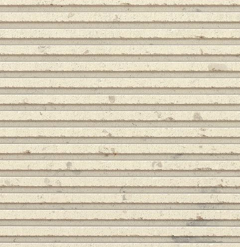 Color/Finish variation image for Imperial White Limestone. The surface finish shown is grooved. Dominant colors shown are beige, tan and cream. The color mix creates a warm feeling. Fine speckled, blotched and linear color patterns.