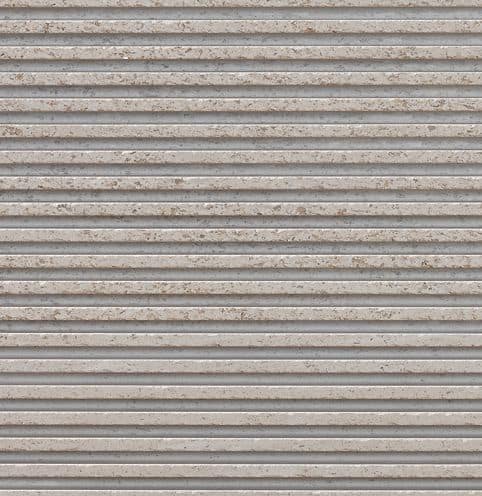 Color/Finish variation image for Cremsar Limestone. The surface finish shown is grooved. Dominant colors shown are beige and gray; with purple and white secondaries. Regular and linear color patterns.