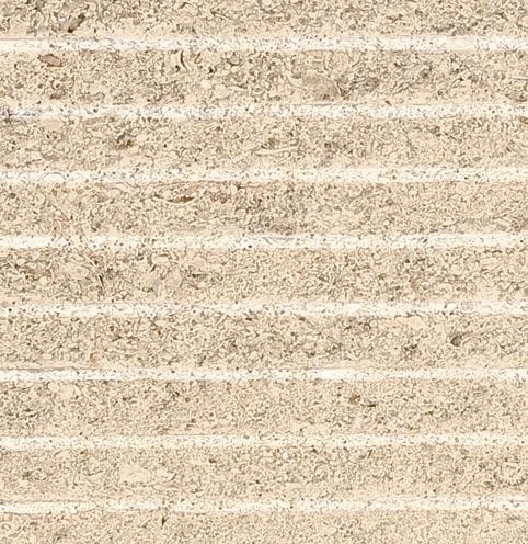 Color/Finish variation image for Cremsage Limestone. The surface finish shown is chiseled. Dominant colors shown are beige and tan; with brown, orange/rust and cream secondaries. The color mix creates a warm feeling. Regular, speckled, linear and cloudy color patterns.