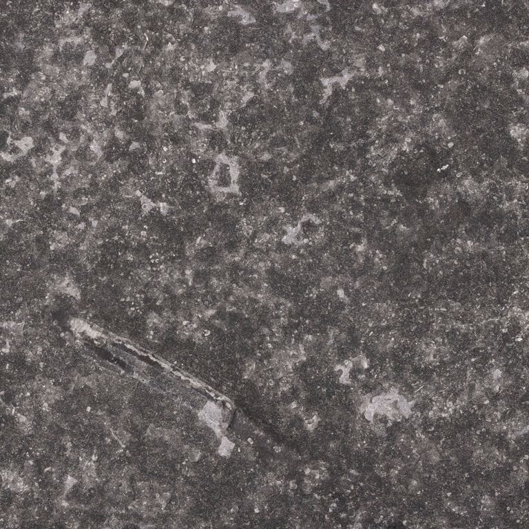 Color/Finish variation image for Limestone - Northern Gray. The surface finish shown is flamed. The dominant color shown is gray; with a purple secondary. Exhibits "movement" and the color mix creates a cool feeling. Blotched, random and coarse speckled color patterns. Contains mineral inclusions.