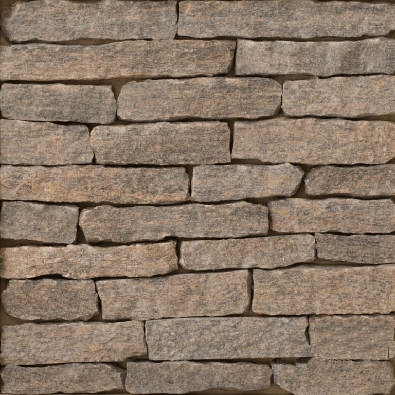 Feature image for Hudson Blend Granite. The image shows this material being used for full bed veneer and thin veneer. The dominant color shown is brown; with beige, gray, orange/rust and tan secondaries. The color mix creates a warm feeling. Regular and linear color patterns.