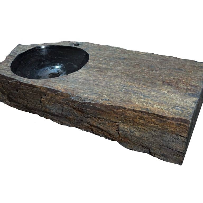 Application image for Black Schist. The image shows this material being used in a sinks application. The surface finish shown is natural cleft. Dominant colors shown are black, gray and orange/rust. The color mix creates a warm feeling.