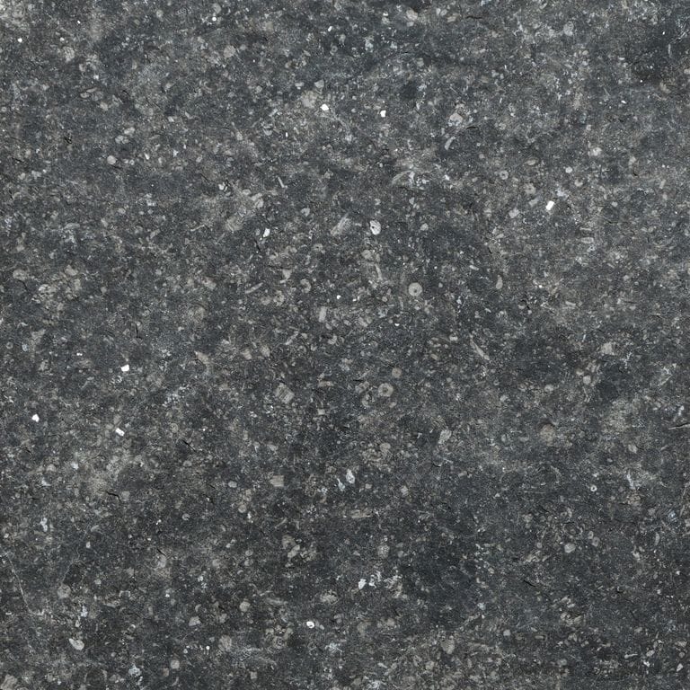 Color/Finish variation image for Belgian Bluestone Limestone. The surface finish shown is flamed. Dominant colors shown are black and gray. The color mix creates a cool feeling. Speckled and random color patterns.
