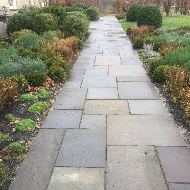Application image for Full Color Mix Bluestone - Natural Cleft. The image shows this material being used in a path pavers application. Dominant colors shown are blue, green and gray.