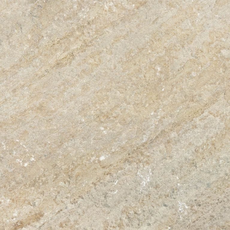 Color/Finish variation image for Slate - Mandarin Yellow. The surface finish shown is natural cleft. Dominant colors shown are beige and tan. Exhibits "movement" and the color mix creates a warm feeling. Linear color pattern.