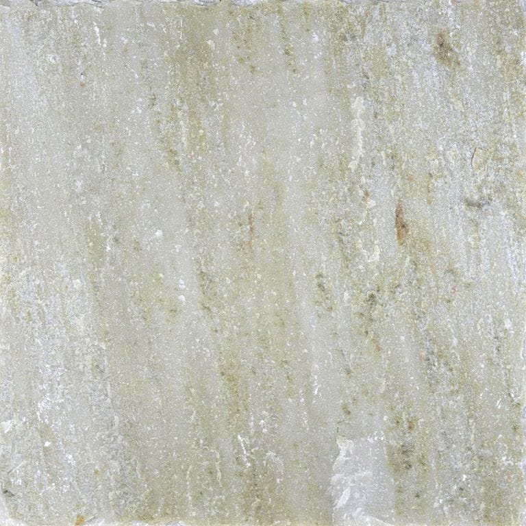 Color/Finish variation image for Slate - Mandarin Yellow. The surface finish shown is natural cleft. Dominant colors shown are beige and green; with green, white and cream secondaries. Exhibits "movement". Linear, streaked, blotched and cloudy color patterns. Contains some mica.