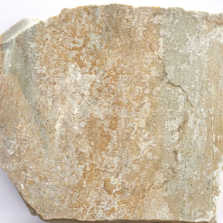 Color/Finish variation image for Slate - Mandarin Yellow. The surface finish shown is natural cleft. Dominant colors shown are beige and tan; with brown, gray, orange/rust, white and cream secondaries. Exhibits "movement" and the color mix creates a warm feeling. Random, blotched, linear, streaked and cloudy color patterns.