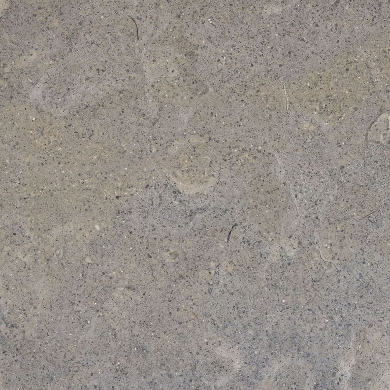 Color/Finish variation image for Dawn Haze Limestone. The surface finish shown is brushed. The dominant color shown is gray; with brown, green, orange/rust, purple and tan secondaries. Exhibits "movement" and the color mix creates a cool feeling. Random, fine speckled, blotched and swirled color patterns. Contains mineral inclusions.