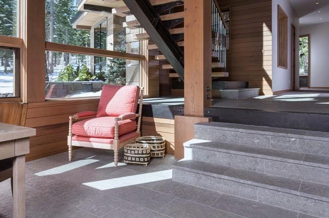 Application image for Limestone - Portuguese Dawn Haze. The image shows this material being used for interior floor, treads and thin veneer.