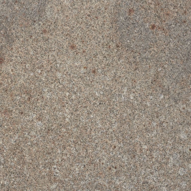 Feature image for Oak Hill Granite. Dominant colors shown are brown, gray and tan; with beige, orange/rust and purple secondaries. Exhibits "movement" and the color mix creates a warm feeling. Speckled and blotched color patterns. Contains mineral inclusions.
