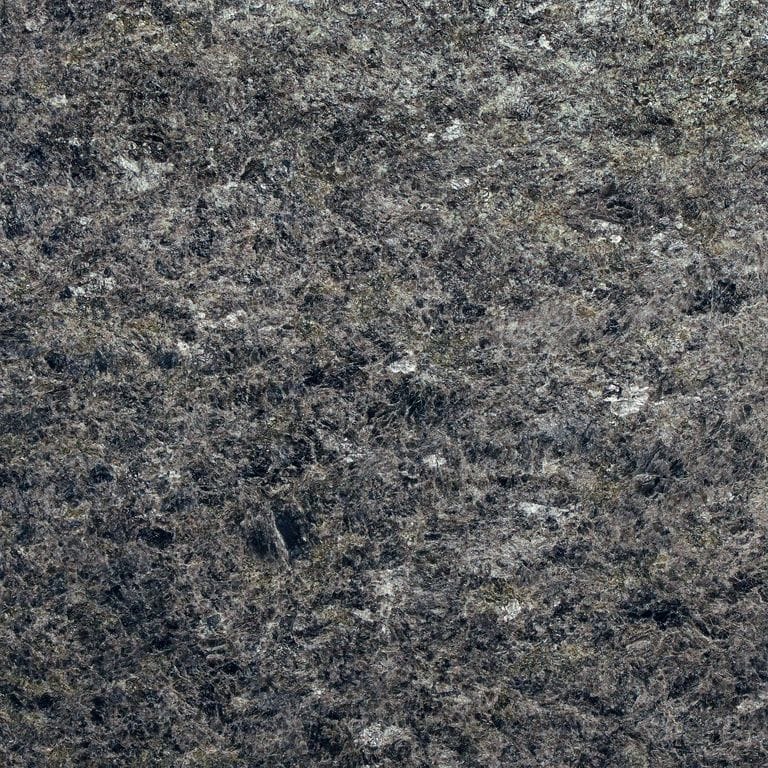 The surface finish shown is flamed. Dominant colors shown are black and gray. The color mix creates a cool feeling. Coarse speckled and blotched color patterns.