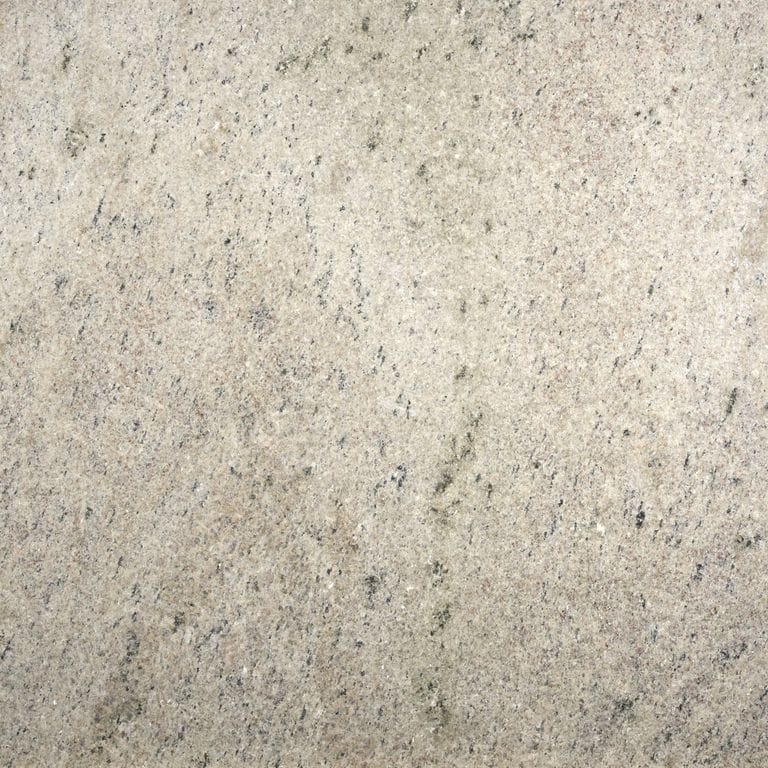 Color/Finish variation image for Phoenician Buff Granite. The surface finish shown is flamed. Dominant colors shown are beige, tan and cream; with green, gray and white secondaries. Exhibits "movement" and the color mix creates a warm feeling. Random, fine speckled and cloudy color patterns.