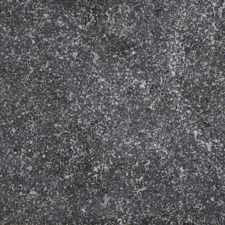 Color/Finish variation image for Jet Mist Granite. The surface finish shown is polished. The dominant color shown is gray; with black and green secondaries. Exhibits "movement" and the color mix creates a cool feeling. Random, speckled and blotched color patterns.