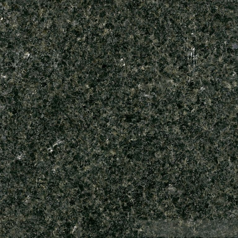 Swatch image cropped for Prairie Green Granite. The surface finish shown is polished. Dominant colors shown are black and green; with gray and white secondaries. Speckled and coarse speckled color patterns. Contains some mica and mineral inclusions.