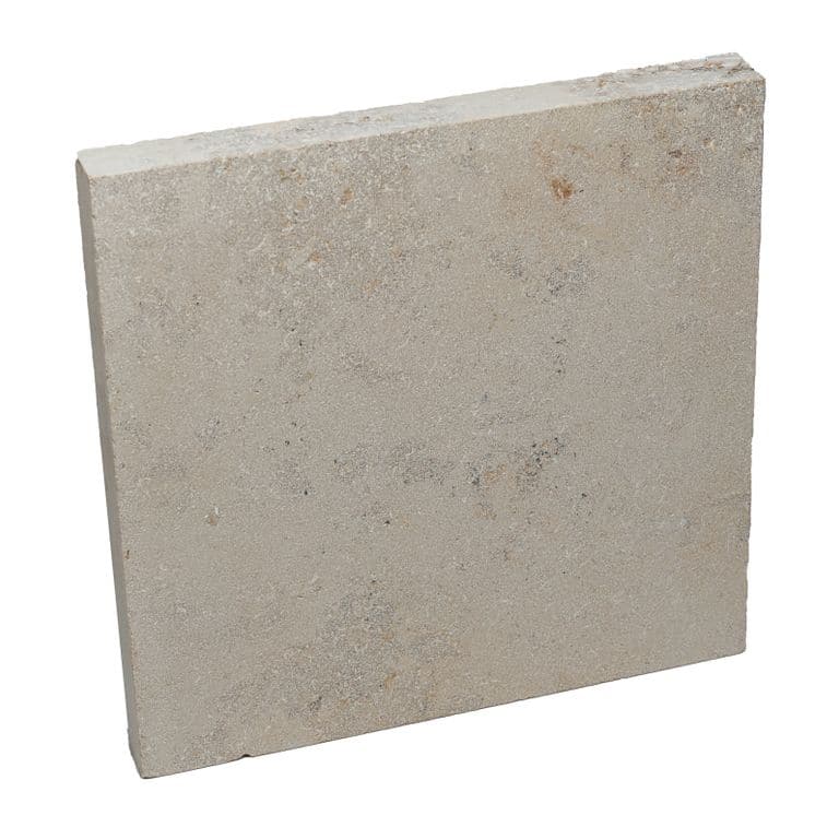 Color/Finish variation image for Bavarian Beige Limestone. The surface finish shown is sand blasted. Dominant colors shown are beige, tan and cream. The color mix creates a warm feeling. Solid and regular color patterns. Contains mineral inclusions.