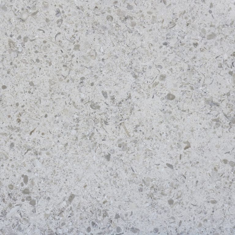 Swatch image cropped for Ocean Blue Limestone. The surface finish shown is honed. Dominant colors shown are gray and white; with beige and blue secondaries. The color mix creates a cool feeling. Coarse speckled and cloudy color patterns. Contains mineral inclusions.