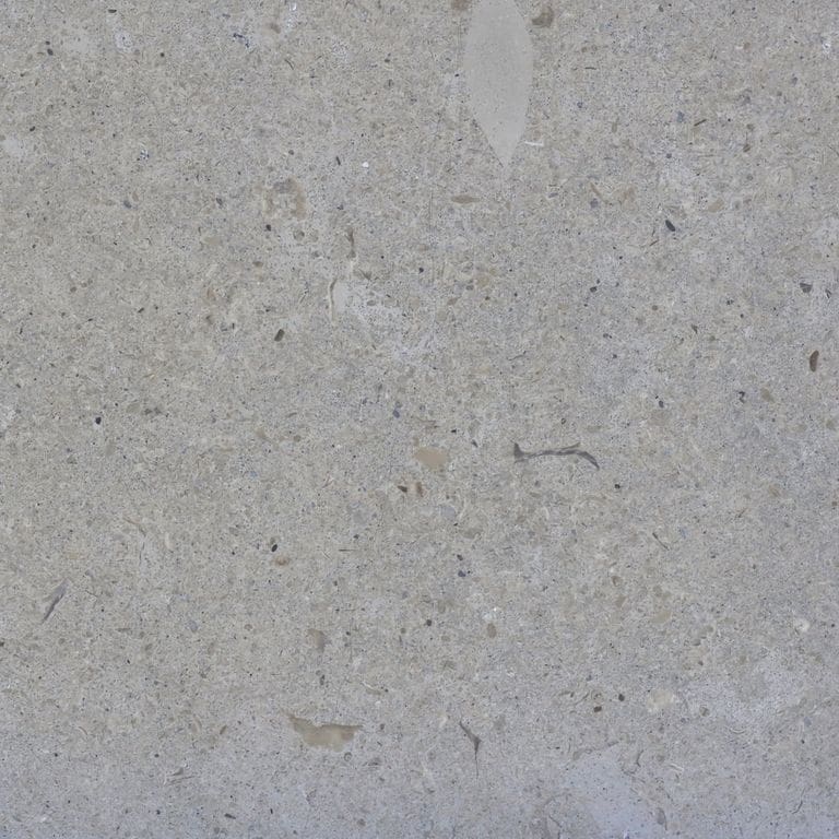 Close-up image for Blue Peak Limestone. The surface finish shown is honed. The dominant color shown is gray; with beige, blue, white, tan and cream secondaries. Exhibits "movement" and the color mix creates a cool feeling. Regular, speckled, blotched and cloudy color patterns. Contains mineral inclusions.