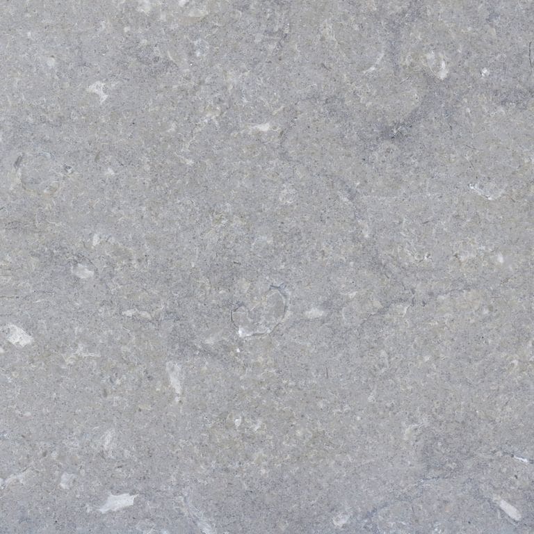 Feature image for Blue Peak Limestone. The dominant color shown is gray; with blue and white secondaries. Exhibits "movement" and the color mix creates a cool feeling. Regular and cloudy color patterns. Contains mineral inclusions.