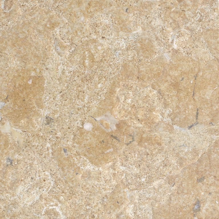 Best close-up image for Caravaggio Limestone. The surface finish shown is brushed. Dominant colors shown are beige, orange/rust and tan; with brown, yellow and cream secondaries. Exhibits "movement" and the color mix creates a warm feeling. Fine speckled, swirled, blotched and cloudy color patterns. Contains mineral inclusions.